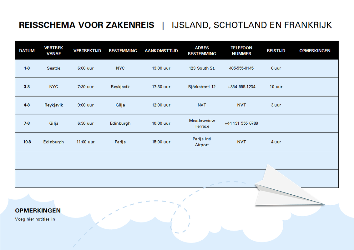 Schema voor zakenreis blue modern simple