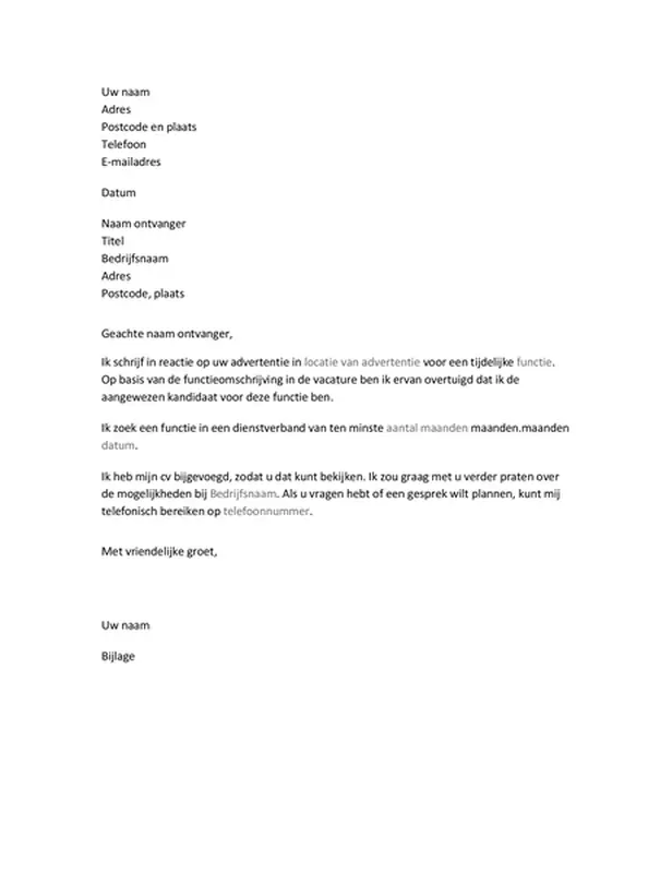 Begeleidende brief bij cv voor tijdelijke positie