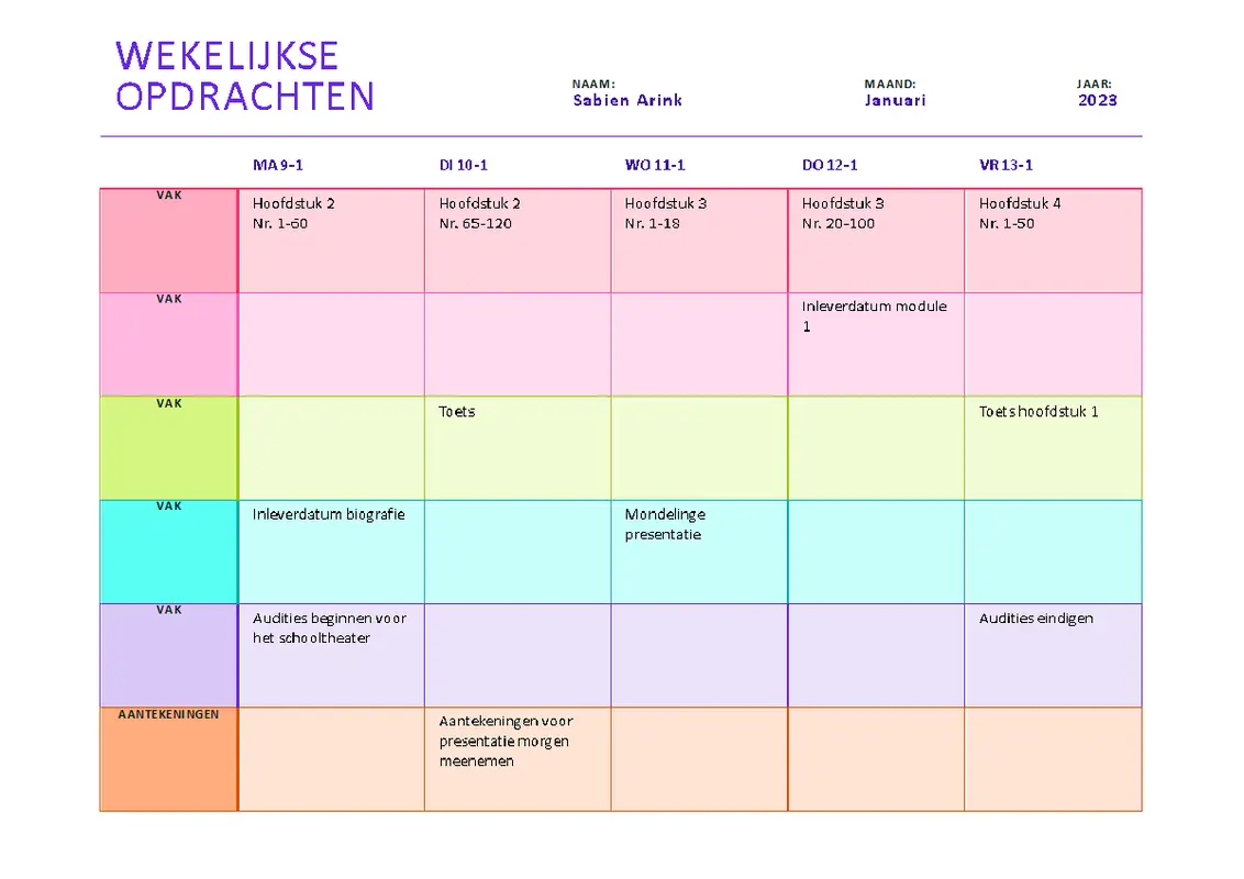 Wekelijkse huiswerkplanning (in kleur, liggend) modern simple