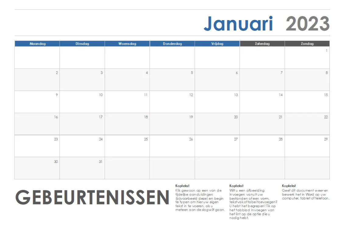 Horizontale kalender (begint maandag) blue modern-simple