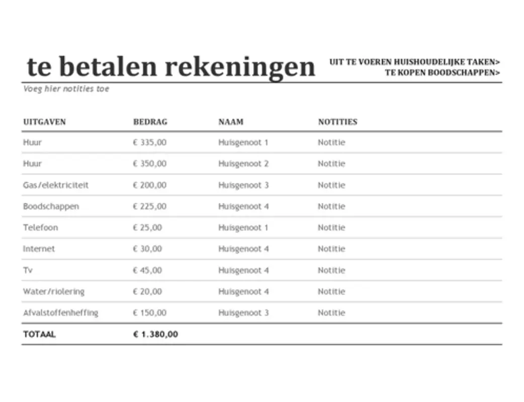 Planner voor huisgenoten modern simple