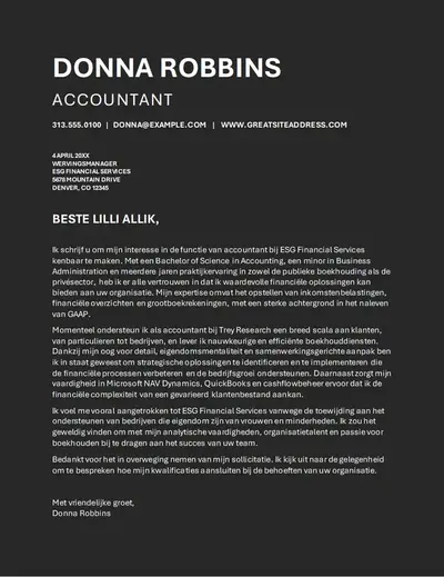 Begeleidende brief bij een financieel cv voor gebruik in een ATS