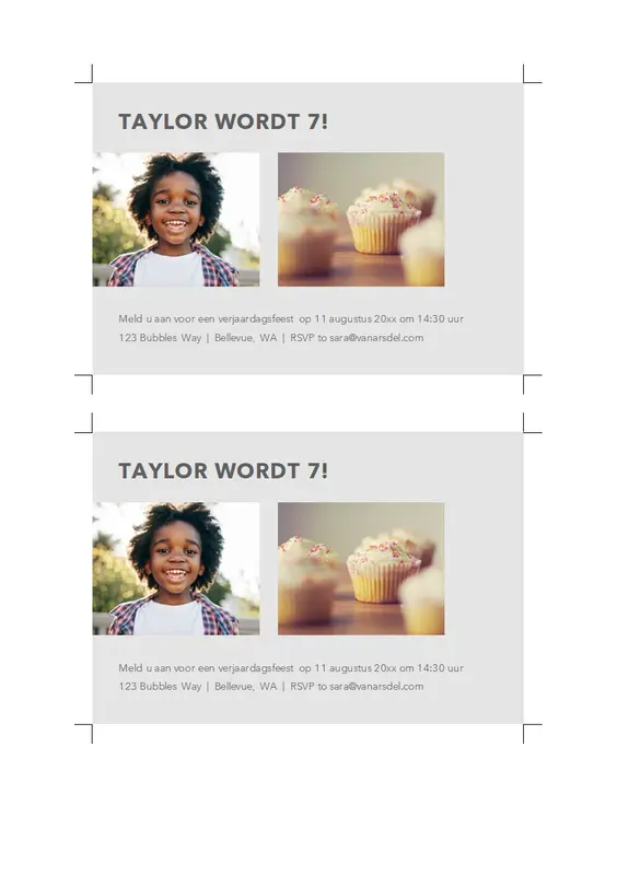 Uitnodigingskaarten met foto's voor verjaardagsfeest (2 per pagina) modern-simple