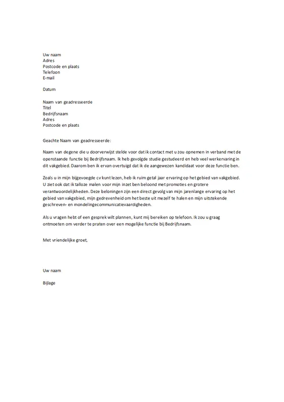 Cv met begeleidende brief bij aanbeveling