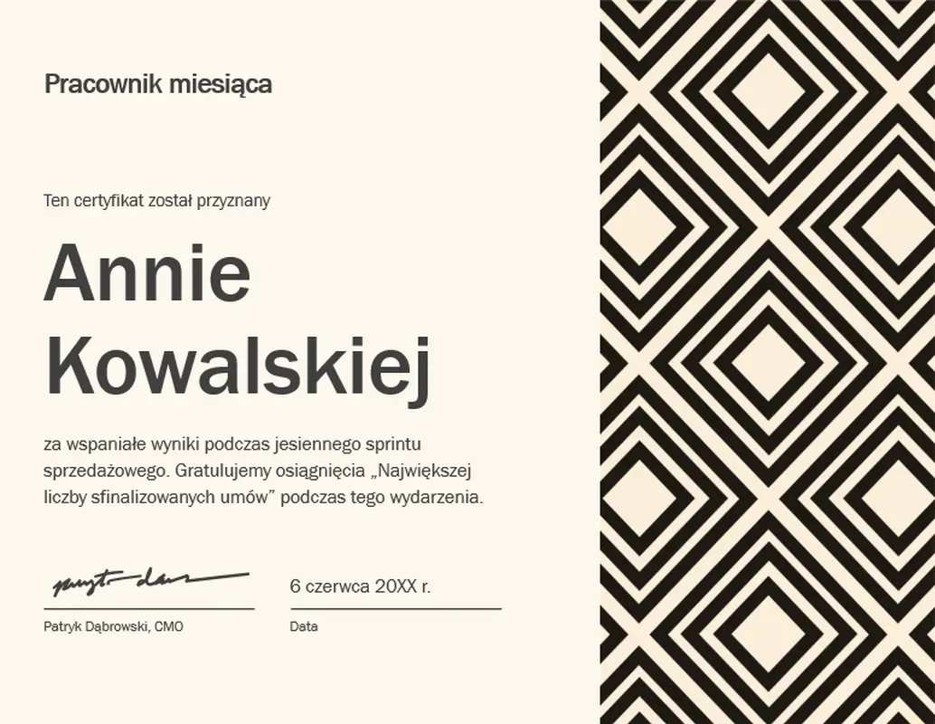 Diamentowy certyfikat pracownika miesiąca  modern-geometric
