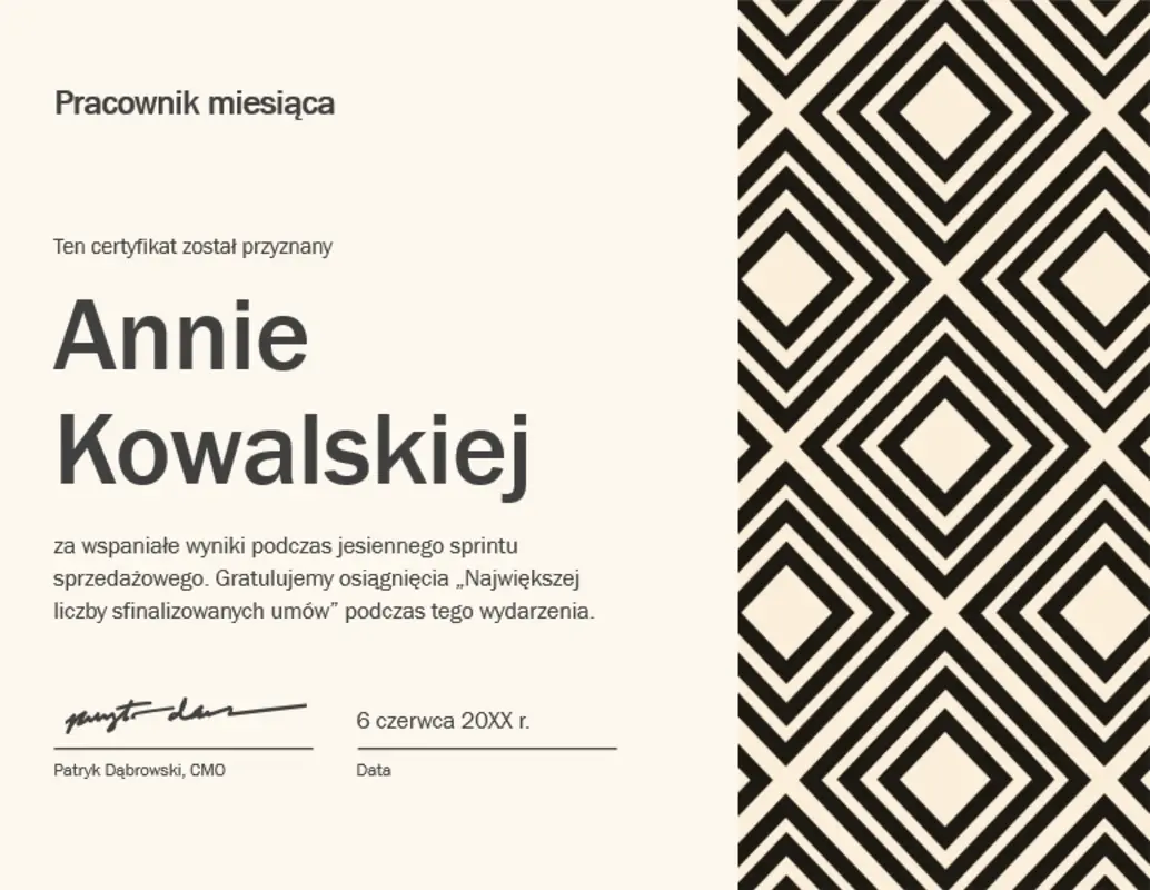 Diamentowy certyfikat pracownika miesiąca  yellow modern-geometric