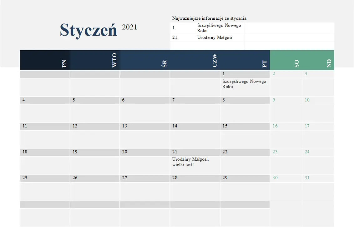 Nowoczesny kalendarz z najważniejszymi informacjami modern-simple