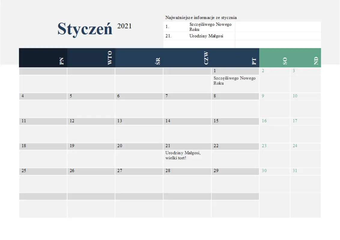 Nowoczesny kalendarz z najważniejszymi informacjami blue modern-simple