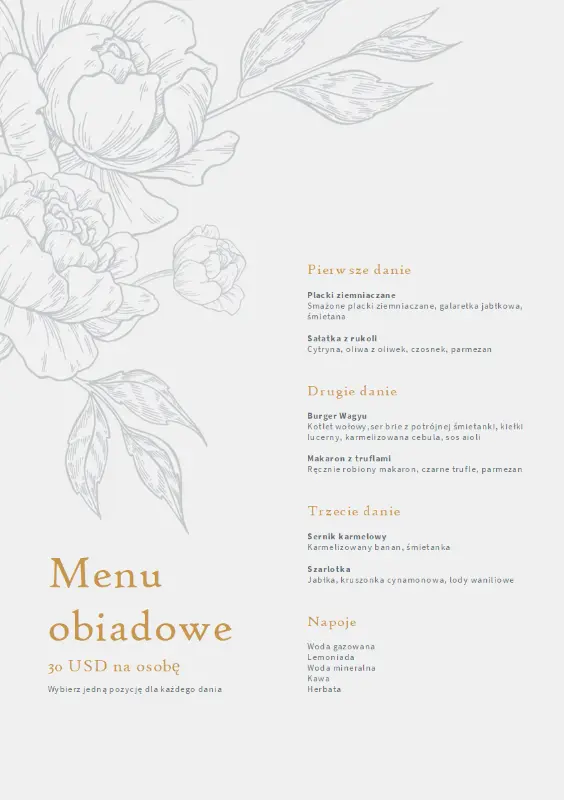 Eleganckie menu obiadowe yellow vintage-botanical