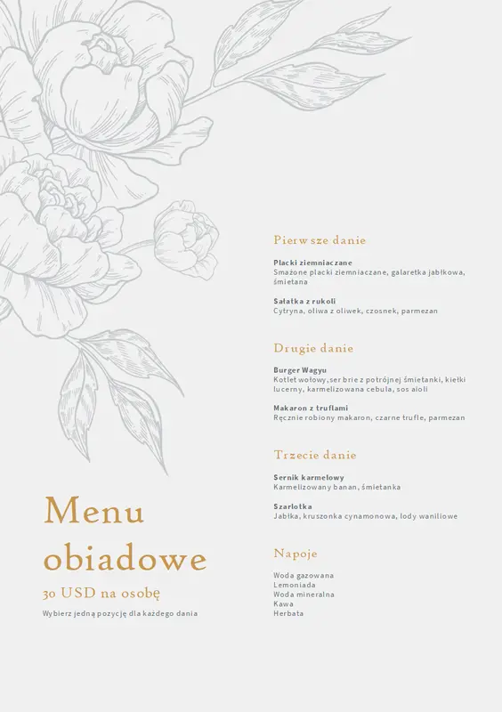 Eleganckie menu obiadowe vintage-botanical