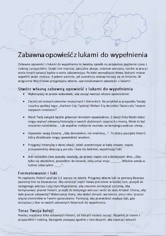 Zabawna opowieść z lukami do wypełnienia modern simple