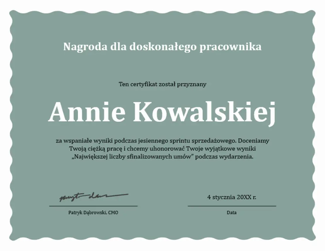 Nagroda dla doskonałego pracownika — faliste obramowanie  green modern-simple