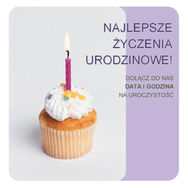 Ulotka z zaproszeniem na urodziny (z babeczką) purple modern-simple