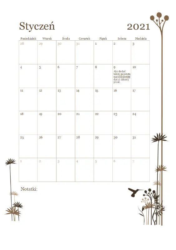 Kalendarz 12-miesięczny (pon.–niedz.) — Koliber brown modern-simple