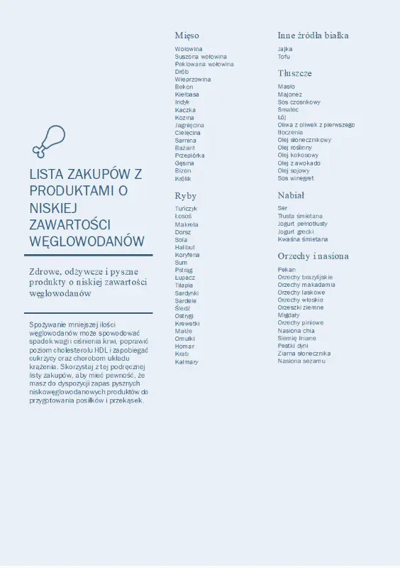 Lista zakupów z produktami o niskiej zawartości węglowodanów blue modern-simple