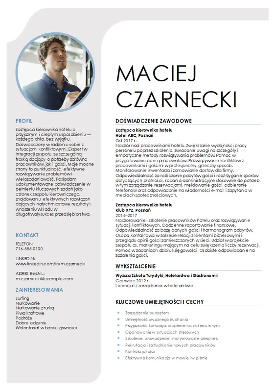 Życiorys zarządzania w hotelarstwie modern simple