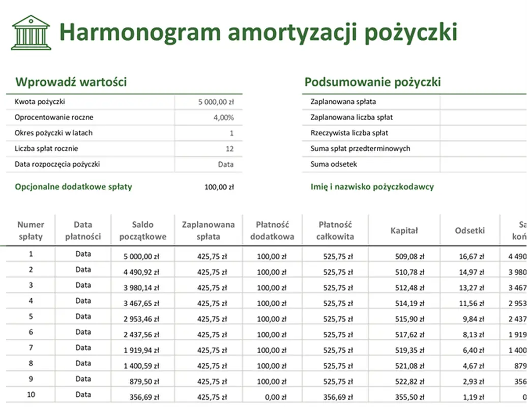 Harmonogram amortyzacji pożyczki modern-simple