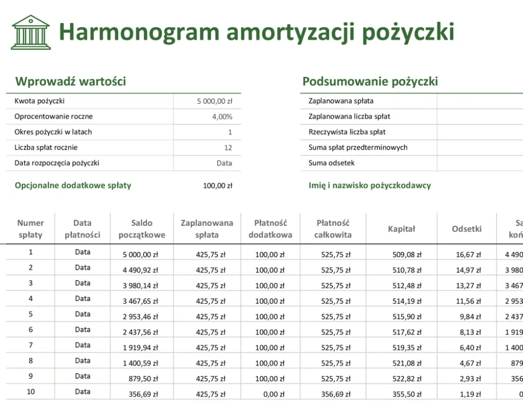 Harmonogram amortyzacji pożyczki green modern-simple