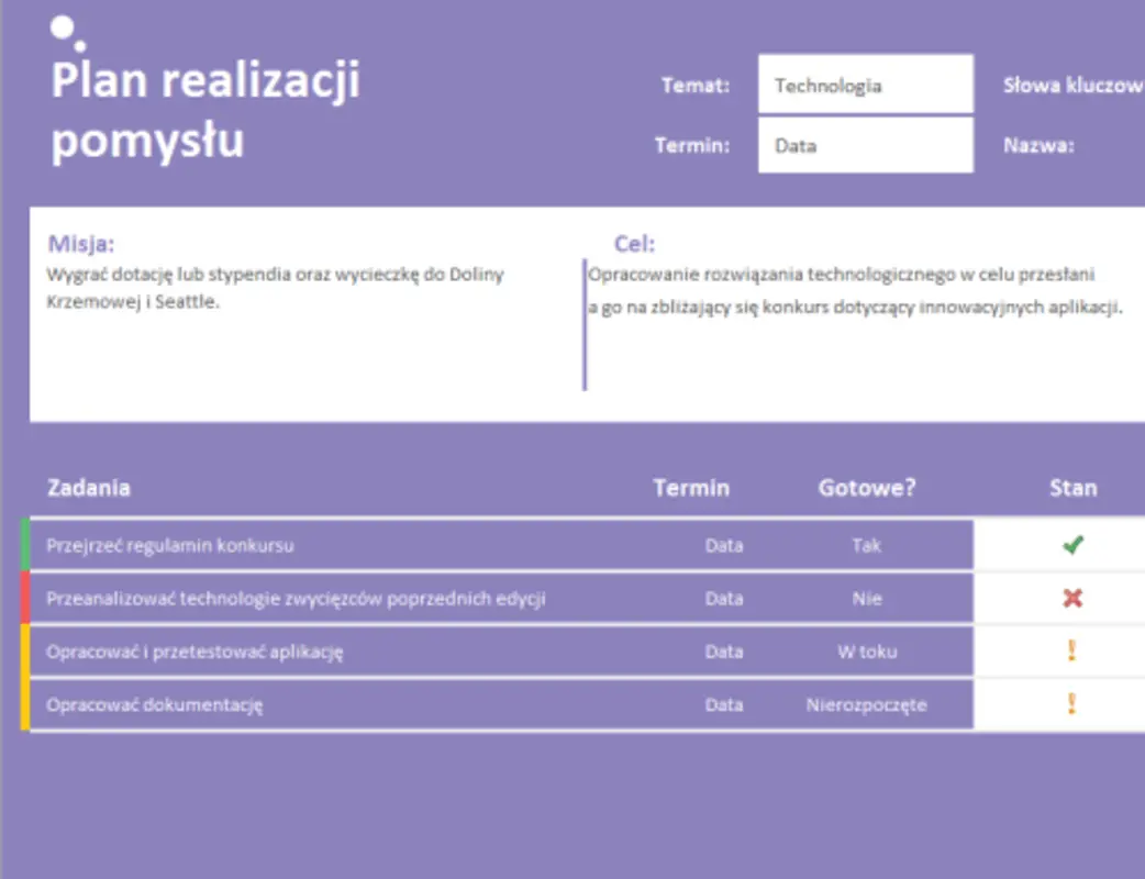 Plan realizacji pomysłu (zadania) purple modern-simple