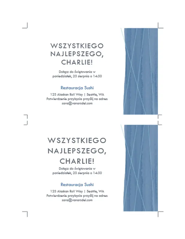 Zaproszenia na przyjęcie z niebieską wstążką (dwa na stronie) organic simple