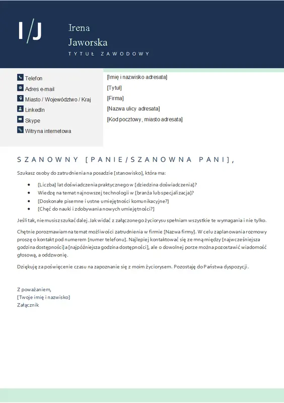 Nowoczesny list motywacyjny z inicjałami modern bold