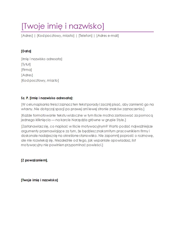 List motywacyjny do życiorysu (fioletowy)