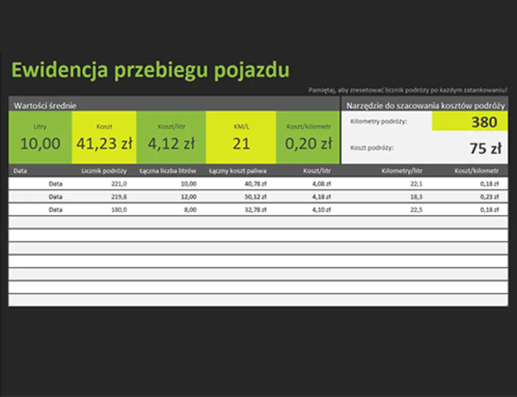 Ewidencja przebiegu pojazdu green modern simple