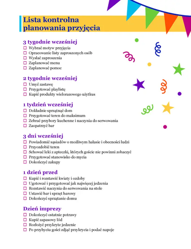 Lista kontrolna planowania przyjęcia