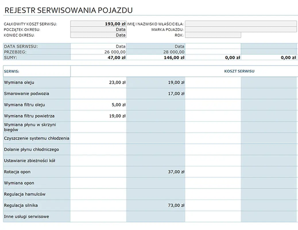 Rejestr serwisowania pojazdu