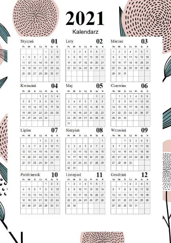Kalendarz (nowoczesny, kwiatowy motyw) pink organic-simple
