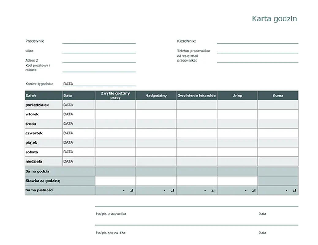 Karta godzin modern simple