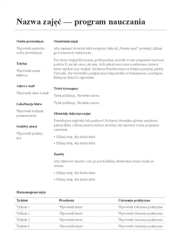 Program nauczania zajęć