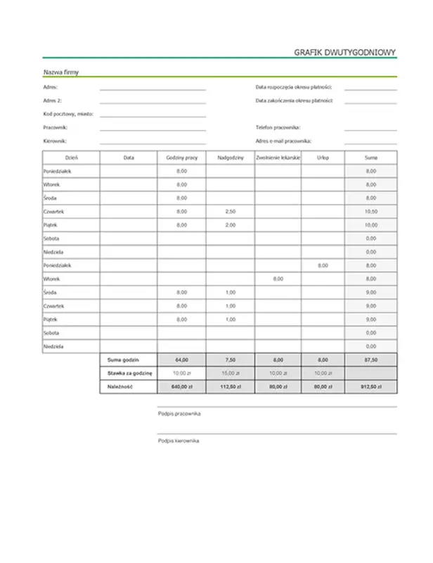 Grafik dwutygodniowy ze zwolnieniami lekarskimi i urlopami (z danymi przykładowymi) modern simple