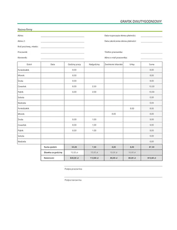 Grafik dwutygodniowy ze zwolnieniami lekarskimi i urlopami (z danymi przykładowymi) modern simple