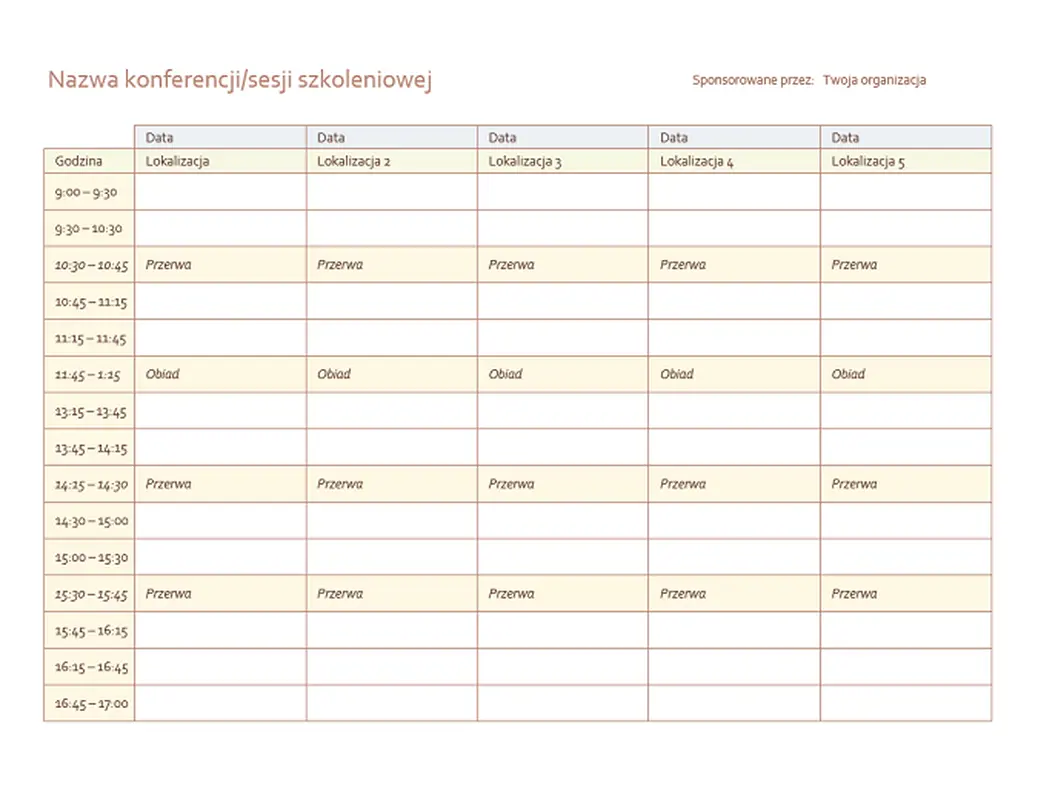 Harmonogram wydarzenia pięciodniowego