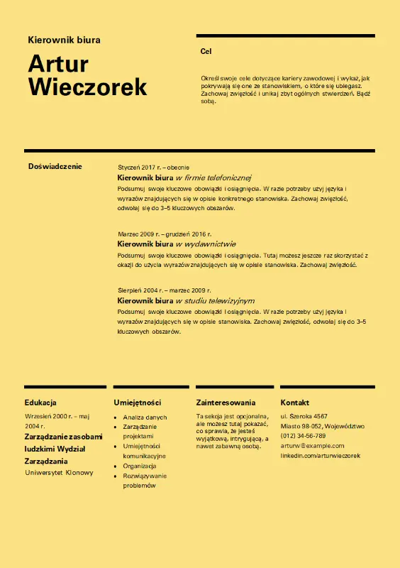 Szwajcarski projekt życiorysu yellow modern simple