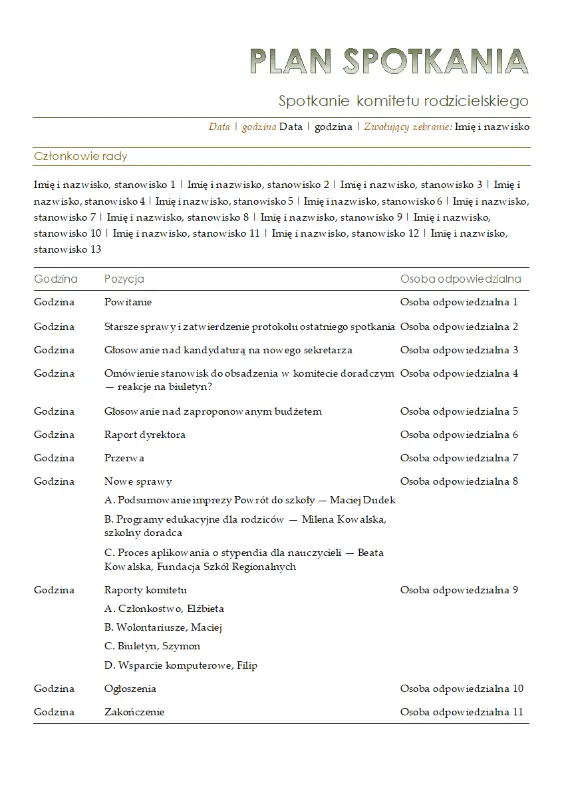 Plan spotkania komitetu rodzicielskiego yellow modern simple