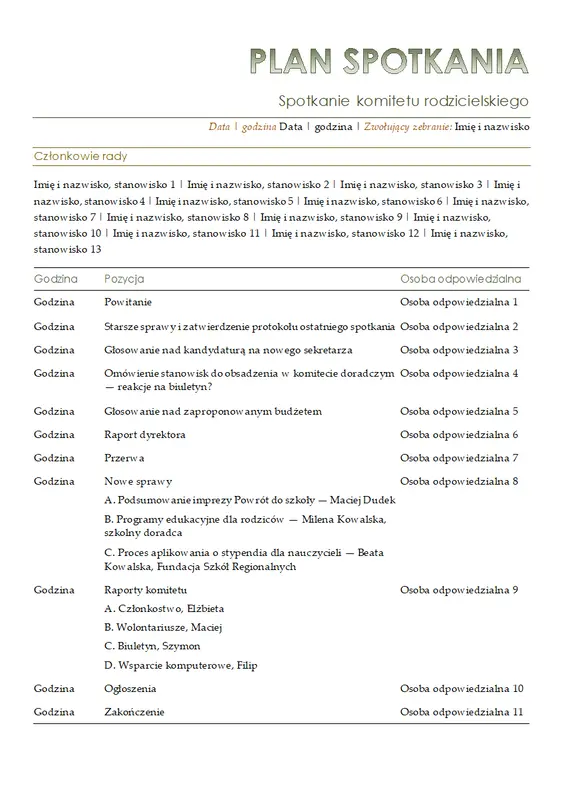 Plan spotkania komitetu rodzicielskiego modern simple
