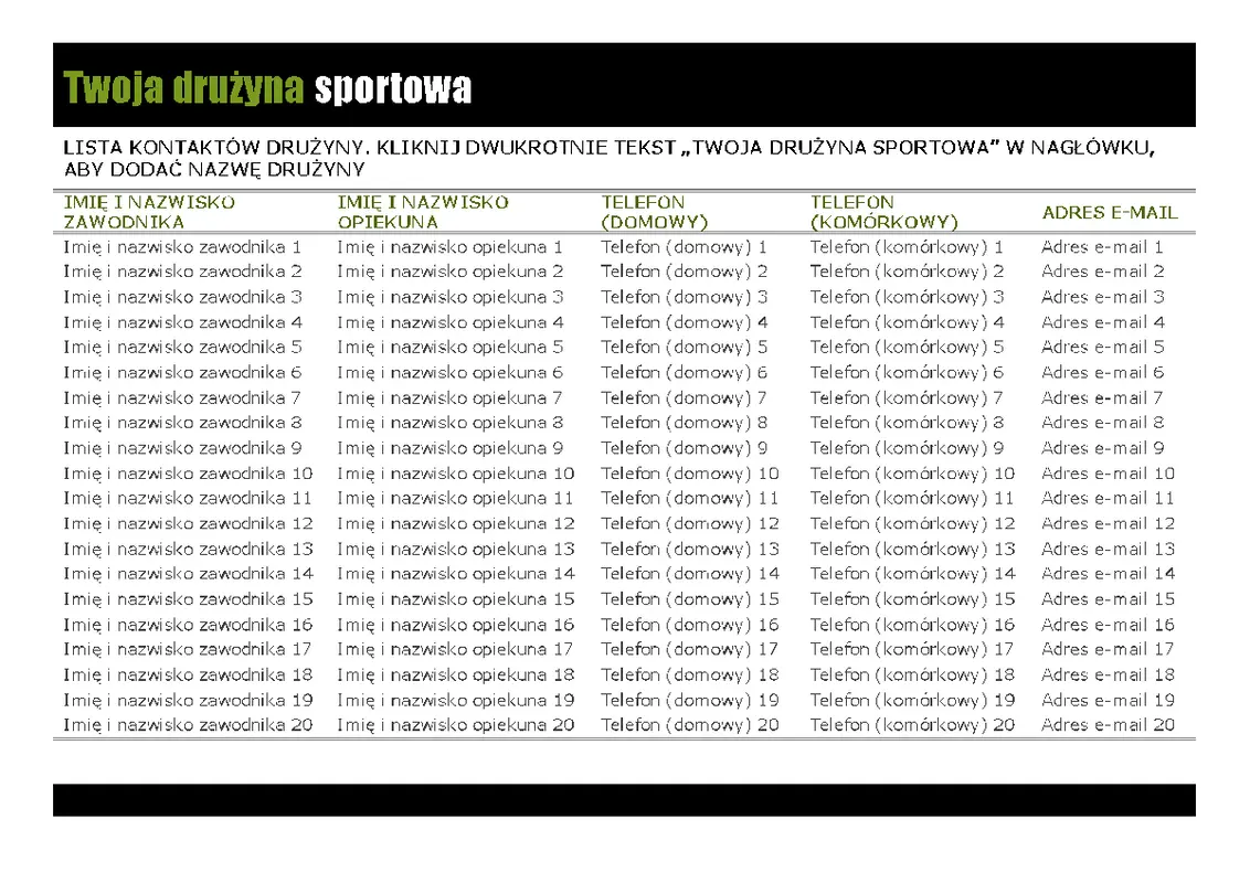 Lista kontaktów młodzieżowej drużyny sportowej