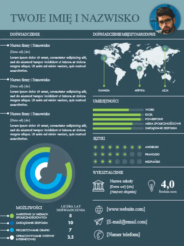 Międzynarodowy życiorys w formie infografiki blue modern simple