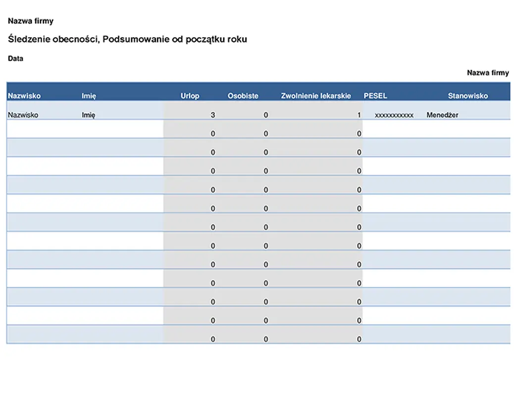 Ewidencja obecności pracownika