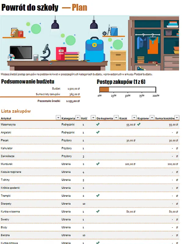 Powrót do szkoły — plan
