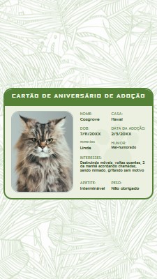 Cartão de aniversário de adoção green botanical,cat,license