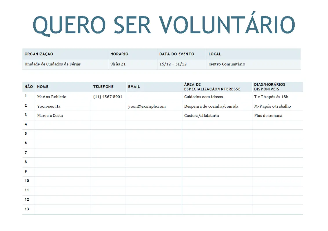 Ficha de inscrição de voluntários modern simple