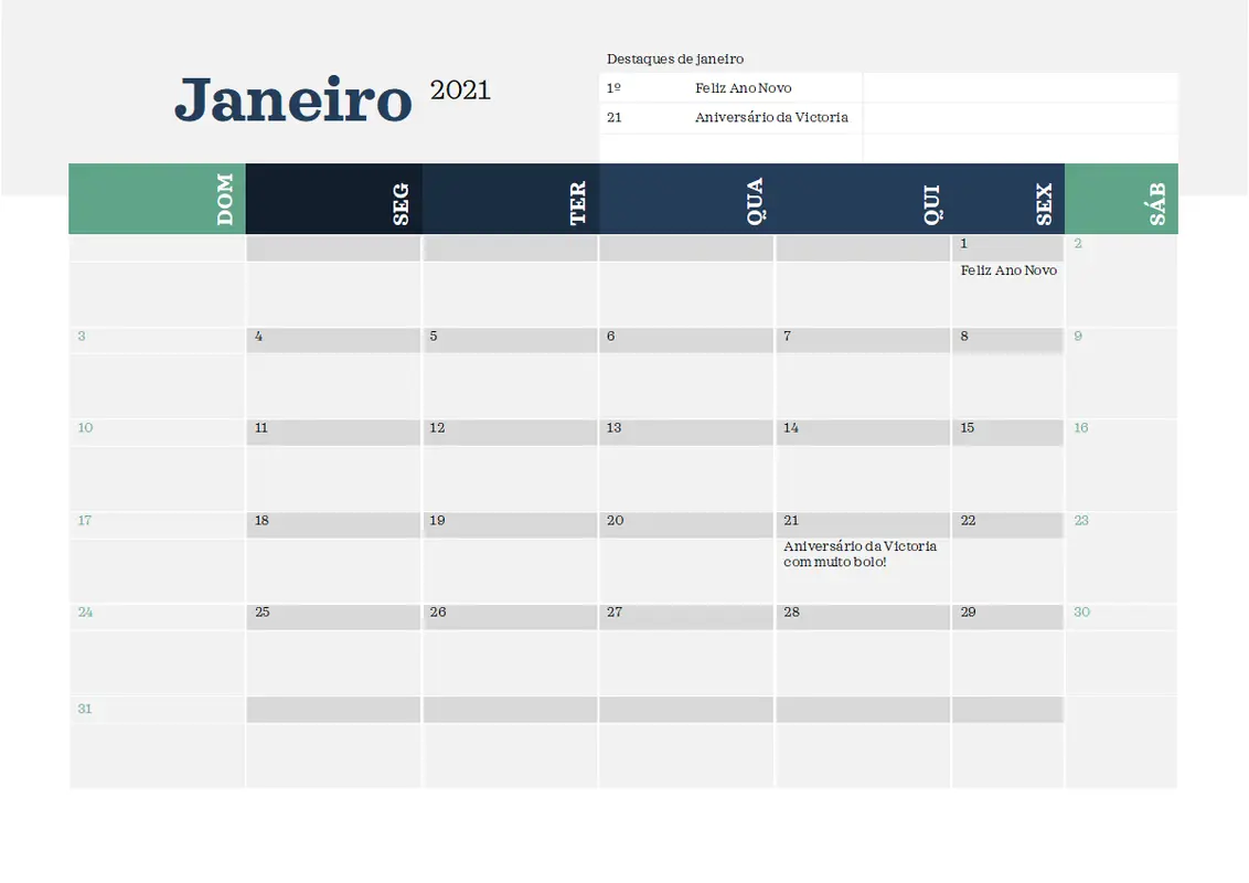 Calendário moderno com destaques modern-simple