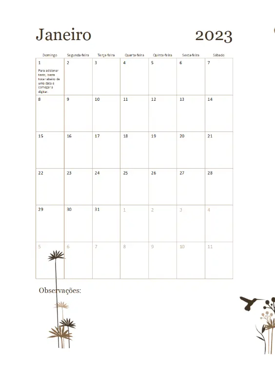 Calendário Beija-flor de 12 meses (dom–sáb) brown modern-simple