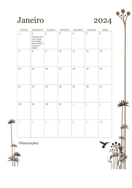 Calendário Beija-flor de 12 meses (dom–sáb) brown modern-simple