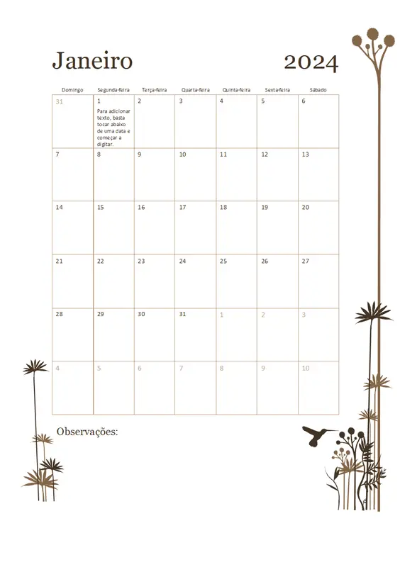 Calendário Beija-flor de 12 meses (dom–sáb) modern-simple