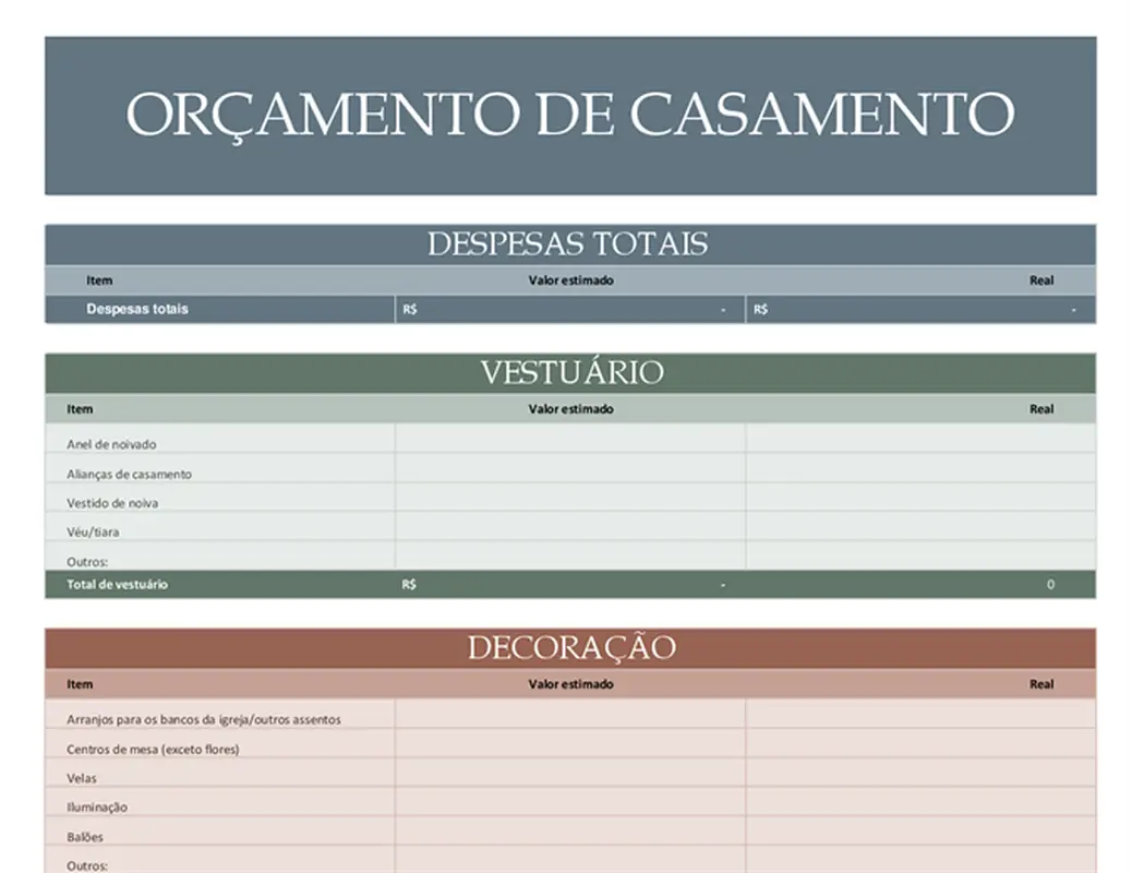 Planejador de orçamento de casamento modern simple