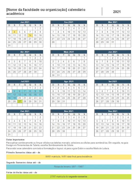 Calendário do ano acadêmico modern-simple